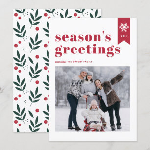 Red Typografy Snowflake Season's Greetings Foto Feiertagskarte