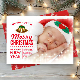 Red Typography Overlay Baby First Christmas Foto Feiertagskarte