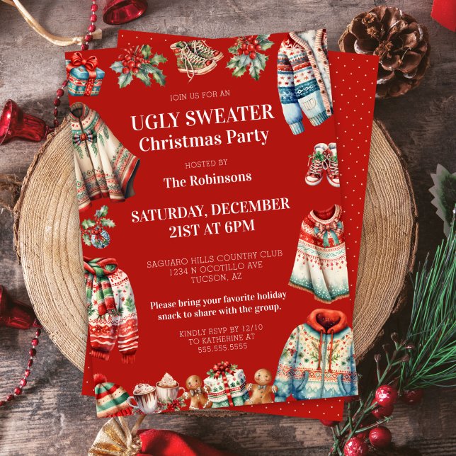 Red Ugge Christmas Sweater Jumper Holiday Party Einladung (Red ugly christmas sweater party invitation for ugliest jumper contest holiday party invites)