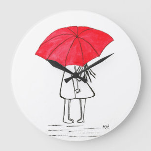 Red umbrella couple rustic wedding large clock große wanduhr