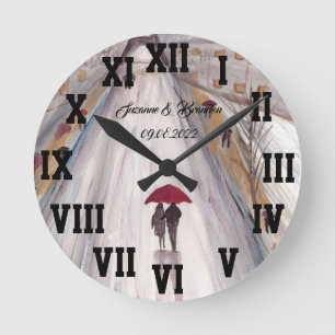Red umbrella Love Couple Roman Numbers Wedding Rou Runde Wanduhr