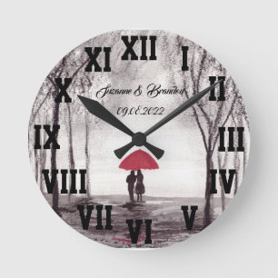 Red umbrella Love Couple Roman Numbers Wedding Runde Wanduhr