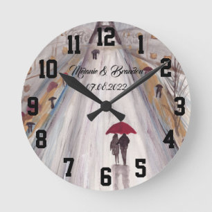 Red umbrella Love couple rustic romantic Wedding Runde Wanduhr