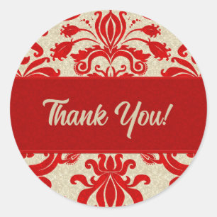 Red und Taupe Damask Vielen Dank Runder Aufkleber
