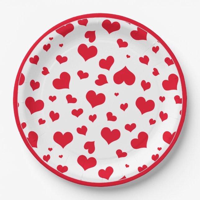 Red Valentine Hearts Random Scattered Muster Pappteller (Vorderseite)