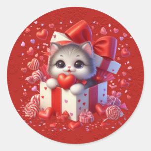 Red Valentine Kitten in einer Box Herz Band Runder Aufkleber