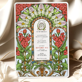 Red Valerian & White Daisy Art Nouveau Wedding Einladung