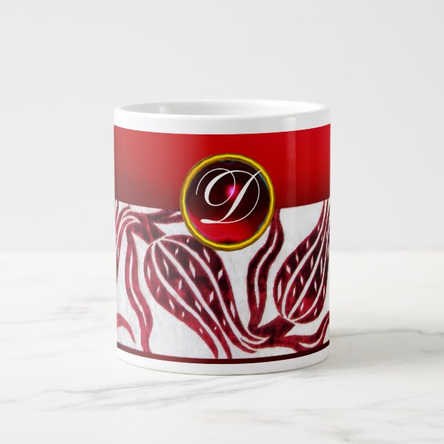 RED VELVET DAMASK TULIP MONOGRAM Burgund White Jumbo-Tasse (Vorderseite)