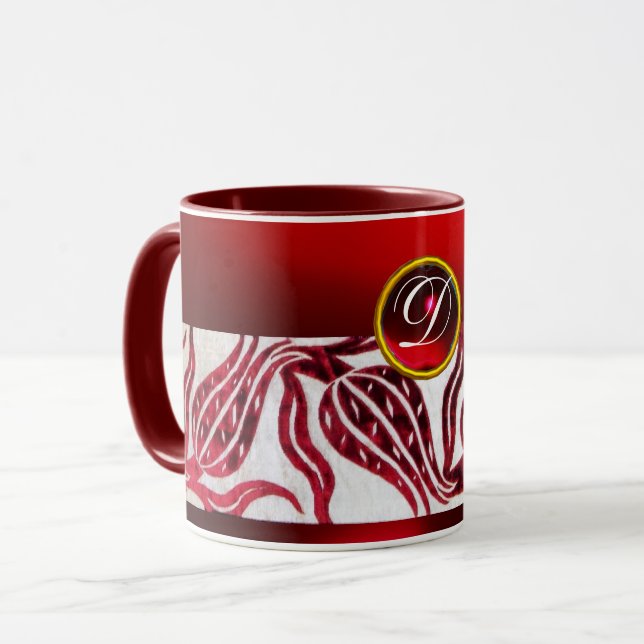 RED VELVET DAMASK TULIP MONOGRAM Burgund White Tasse (Vorderseite Links)