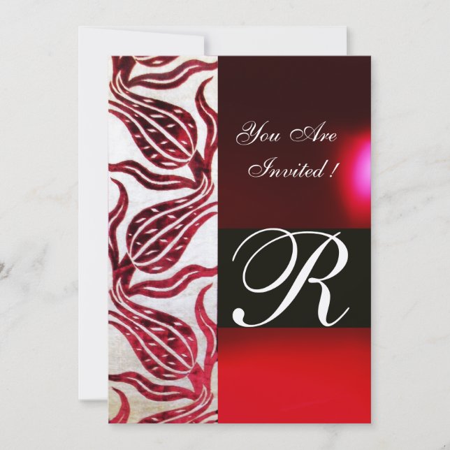 RED VELVET DAMASK TULIPS MONOGRAM Burgund Gold Einladung (Vorderseite)