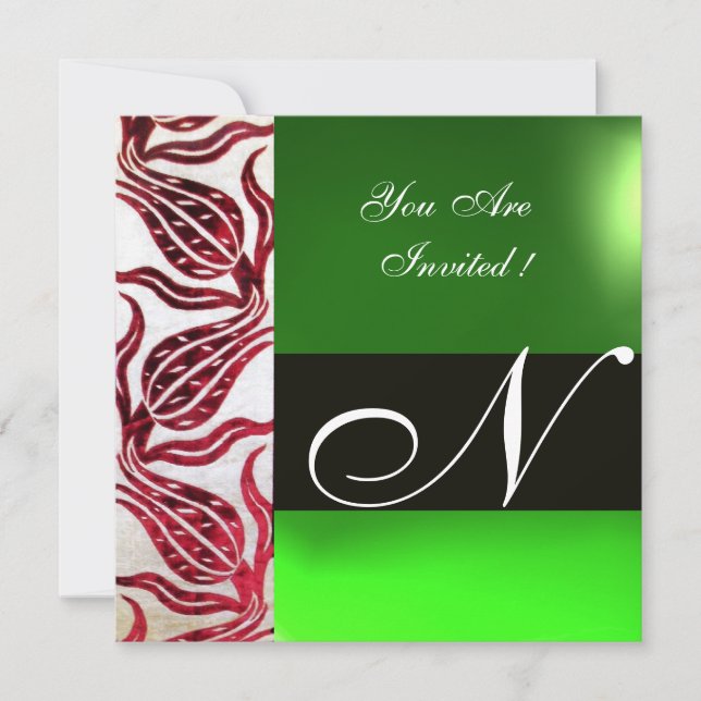 RED VELVET DAMASK TULIPS MONOGRAM Burgund Green Einladung (Vorderseite)