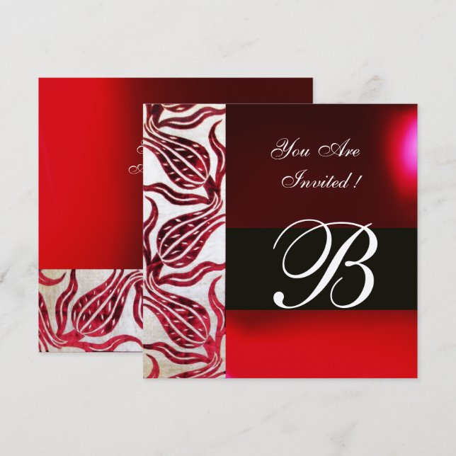 RED VELVET DAMASK TULIPS MONOGRAM Burgund Silber Einladung (Vorne/Hinten)