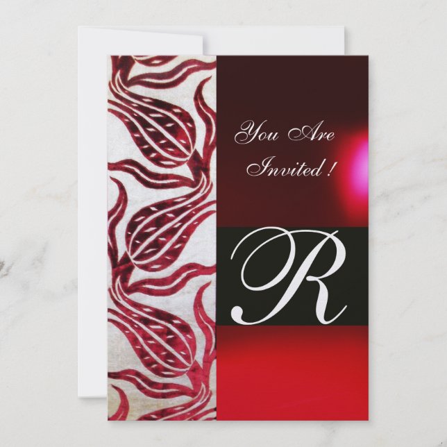 RED VELVET DAMASK TULIPS MONOGRAM Burgund White Einladung (Vorderseite)