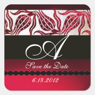 RED VELVET DAMASK TULIPS MONOGRAM Burgund White Quadratischer Aufkleber