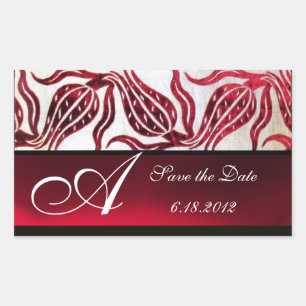 RED VELVET DAMASK TULIPS MONOGRAM Burgund White Rechteckiger Aufkleber