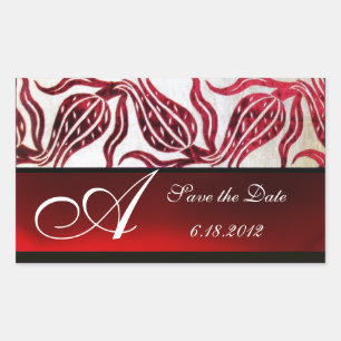RED VELVET DAMASK TULIPS MONOGRAM Burgund White Rechteckiger Aufkleber