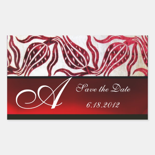 RED VELVET DAMASK TULIPS MONOGRAM Burgund White Rechteckiger Aufkleber (Vorderseite)