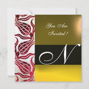 RED VELVET DAMASK TULIPS MONOGRAM Burgund Yellow Einladung