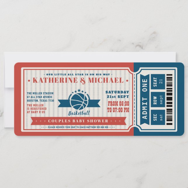 Red Vintag Basketball Ticket Pärchen Kinderdusche Einladung (Vorderseite)