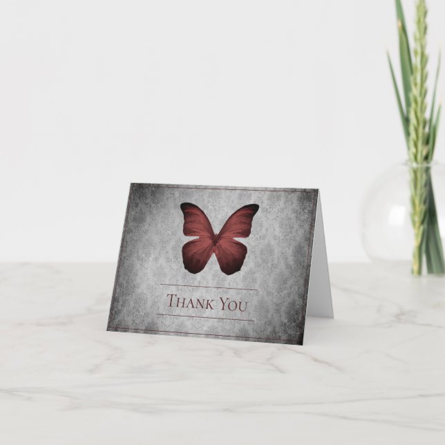 Red Vintag Butterfly Damask Wedding Danke (Vorderseite)