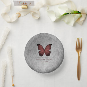 Red Vintag Butterfly Damask Wedding Pappteller