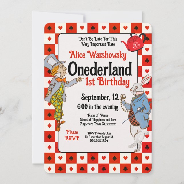 Red Vintag Onederland Rabbit Hatter 1. Geburtstag (Vorderseite)