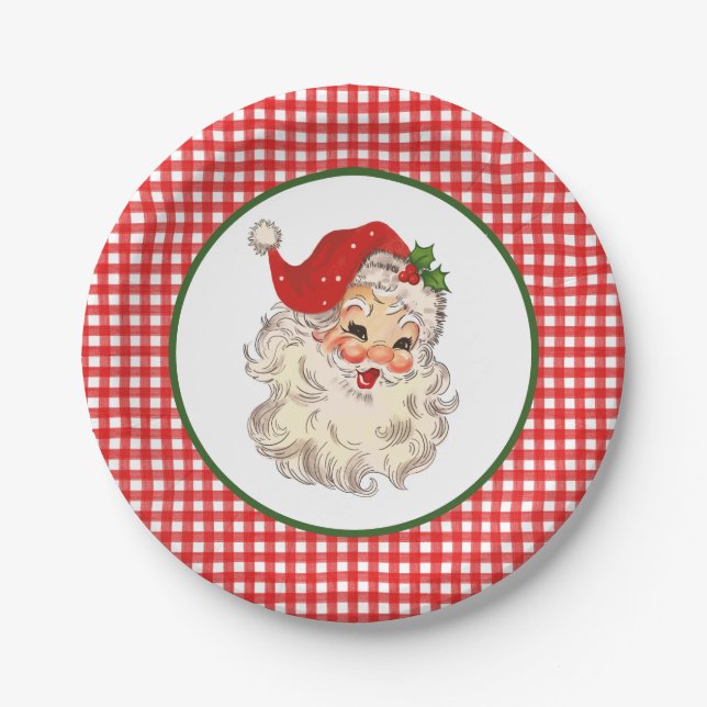 Red Vintag Retro Santa mit Red Kariert Pappteller (Vorderseite)
