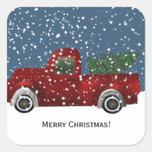 Red Vintag Retro Truck und Weihnachtsbaum Quadratischer Aufkleber