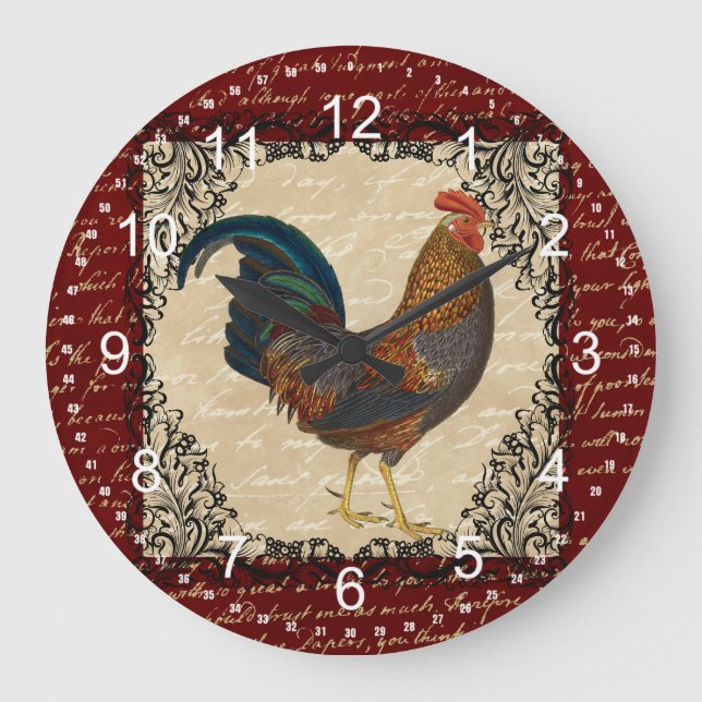 Red Vintag Rooster Große Wanduhr (Vorderseite)