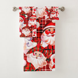 Red Vintag Santa Claus Tartan Karierte Weihnachten Badhandtuch Set