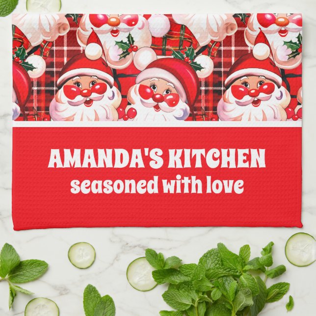 Red Vintag Santa Claus Tartan Karierte Weihnachten Geschirrtuch (Gefaltet)