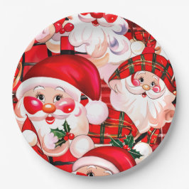 Red Vintag Santa Claus Tartan Karierte Weihnachten Pappteller