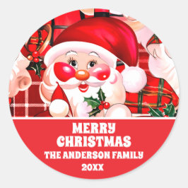Red Vintag Santa Claus Tartan Karierte Weihnachten Runder Aufkleber