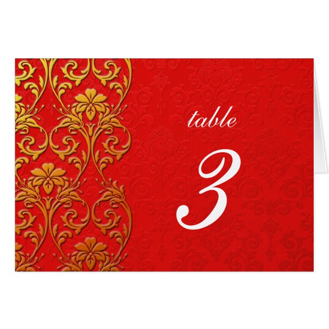 Red Vintag Swirl Damask Wedding Tischnummer (Vorderseite (Horizontal))