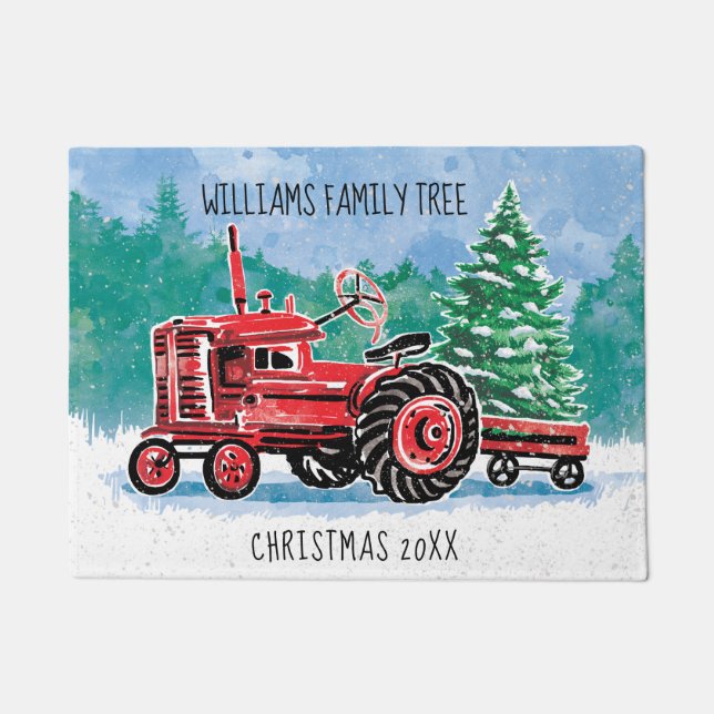 Red Vintag Tractor Weihnachtsbaum Name hinzufügen Fußmatte (Vorderseite)