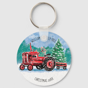 Red Vintag Tractor Weihnachtsbaum Name hinzufügen Schlüsselanhänger