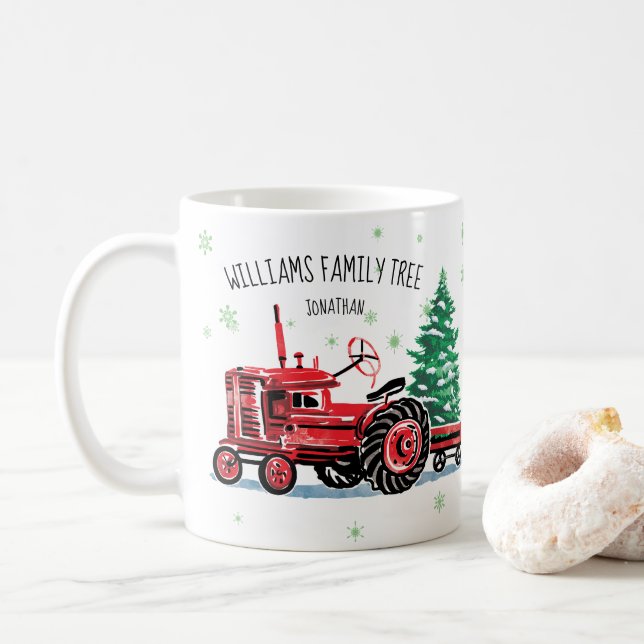 Red Vintag Tractor Weihnachtsbaum Name hinzufügen Tasse (Mit Donut)