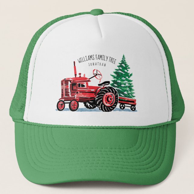 Red Vintag Tractor Weihnachtsbaum Name hinzufügen Truckerkappe (Vorderseite)