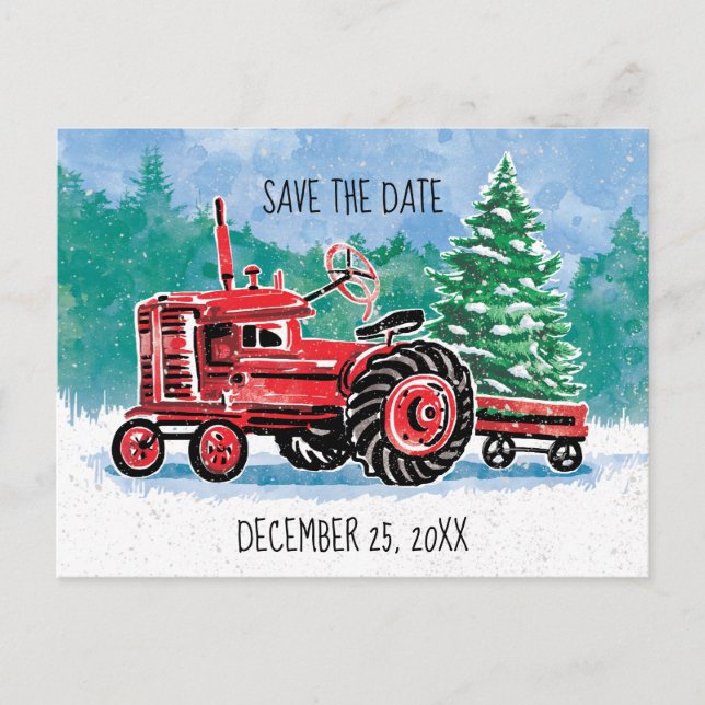 Red Vintag Tractor Weihnachtsbaum Save the Date Ankündigungspostkarte (Vorderseite)