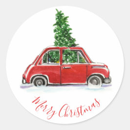 Red Vintage Car mit Weihnachtsbaum Runder Aufkleber