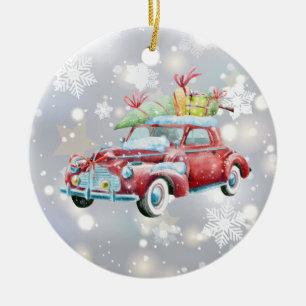 Red Vintage Car mit Weihnachtsbaum und Schneeflock Keramik Ornament