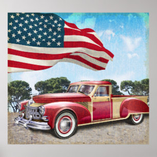 Red vintage pick up truck with American flag. Poster
