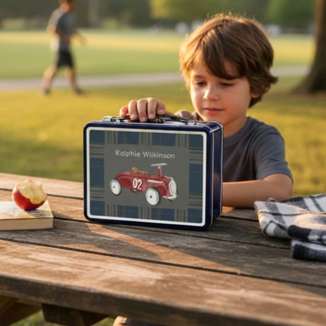 Red Vintage Racecar Plaid Boy's Name Lunchbox (Von Creator hochgeladen)