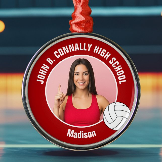 Red Volleyball Player Photo Christmas Gift Ornament Aus Metall (Von Creator hochgeladen)