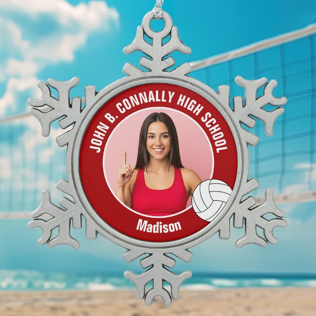 Red Volleyball Player Photo High School Schneeflocken Zinn-Ornament (Von Creator hochgeladen)
