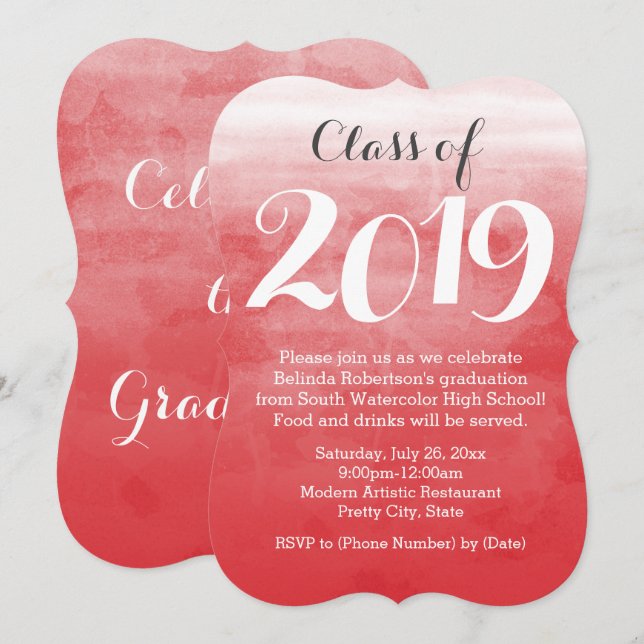 Red Watercolor 2019 Graduation Party Einladung (Vorne/Hinten)