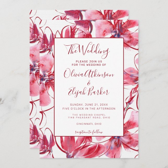 Red Watercolor Blume Hochzeit Einladung (Vorne/Hinten)