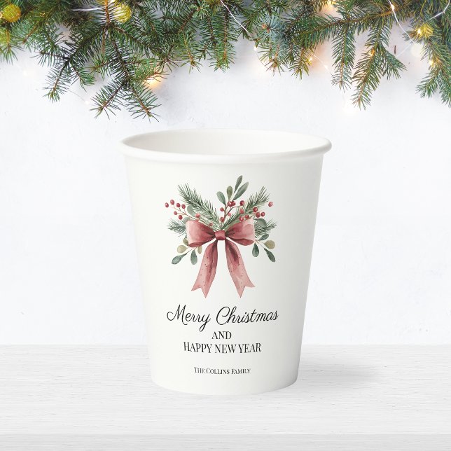Red Watercolor Bow Simple Elegante Weihnachten Pappbecher (Red Watercolor Bow Simple Elegant Holly Christmas Paper Cups)