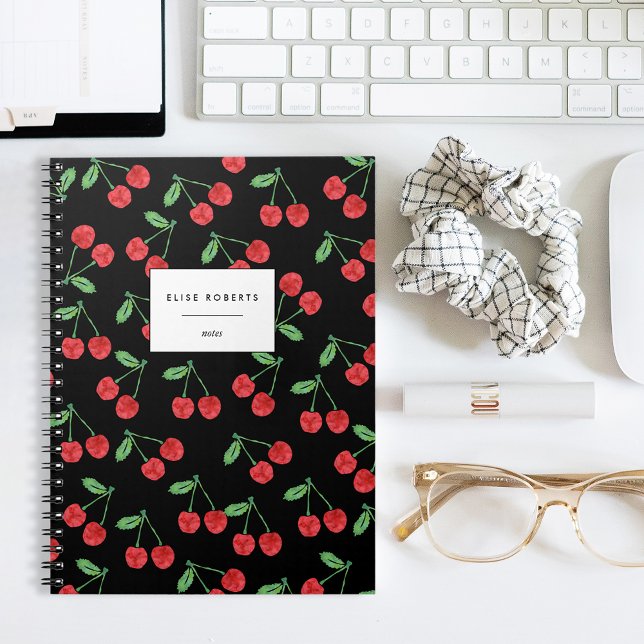 Red Watercolor Cherry Muster auf schwarz Notizblock (Von Creator hochgeladen)