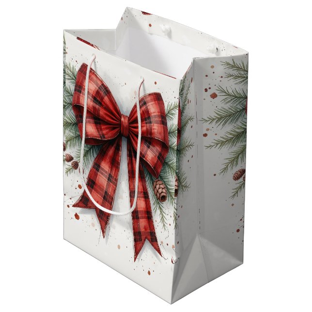 Red Watercolor Christmas Bow Gift Bag Mittlere Geschenktüte (Vorderseite Schrägansicht)